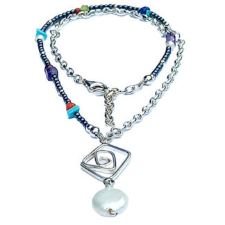Kleurrijk handgemaakt zilveren collier met echte edelstenen en parel